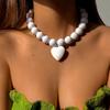Adjustable Heart-shaped Pendant Necklace Metal Acrylic Round Bead Necklace  For Women