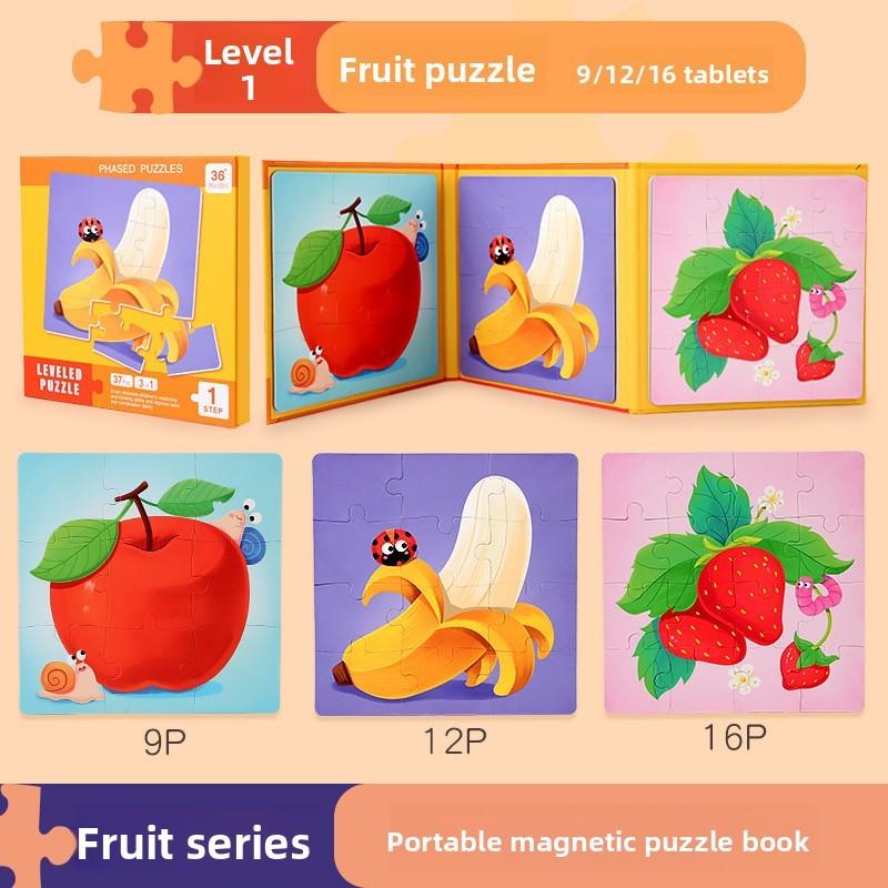 Wooden Childrens Educational Magnetic Foldable Puzzle Book For Animal And Traffic Recognition