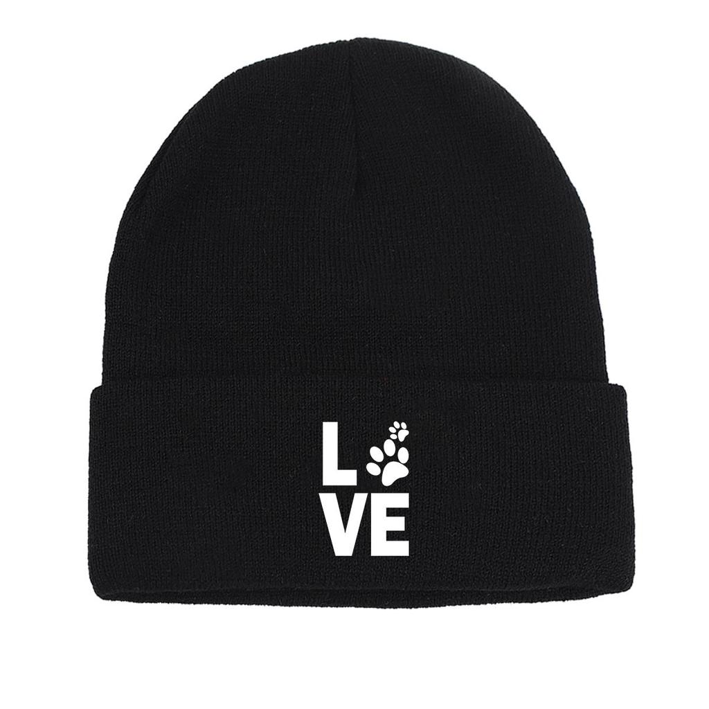 LOVE" Dog Paw Prints Warm Knit Hat Beanie, Animal Woman Cap Lightweight Cuff Stylish Headwear Knitted Cap Beanie