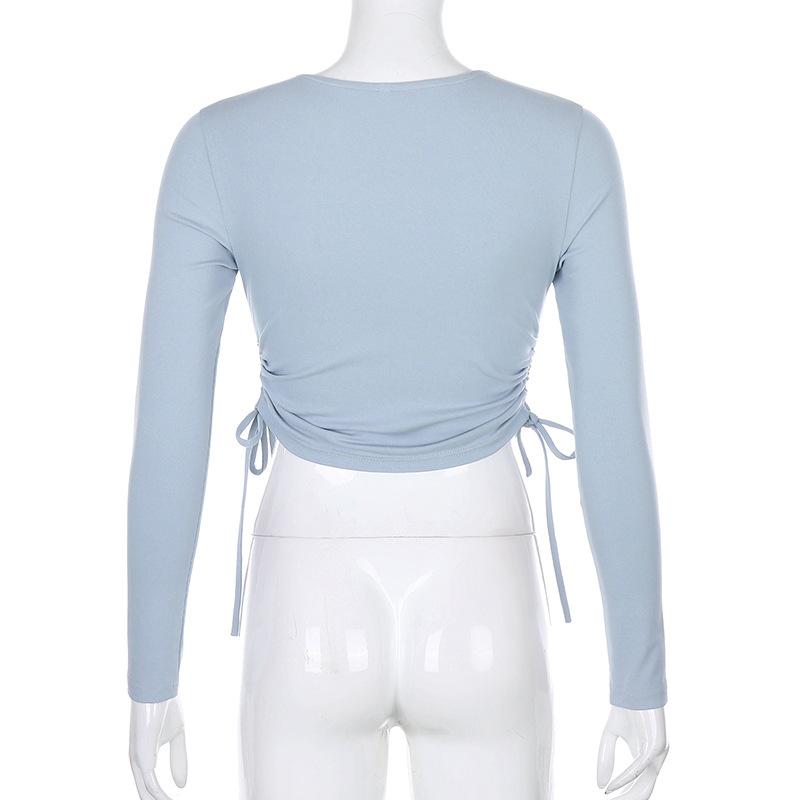 Сексуальные облегающие укороченные топы с круглым вырезом и длинными рукавами, осенняя женская трикотажная однотонная футболка с нерегулярной завязкой на шнурке