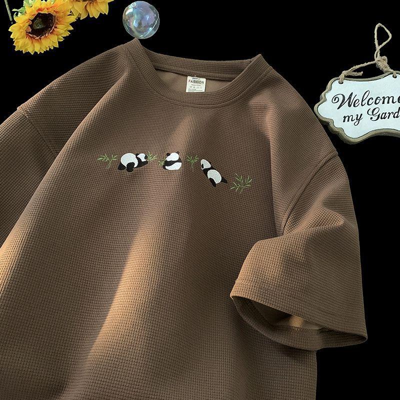 Мужская летняя футболка свободного кроя с коротким рукавом и вафельной текстурой с принтом панды