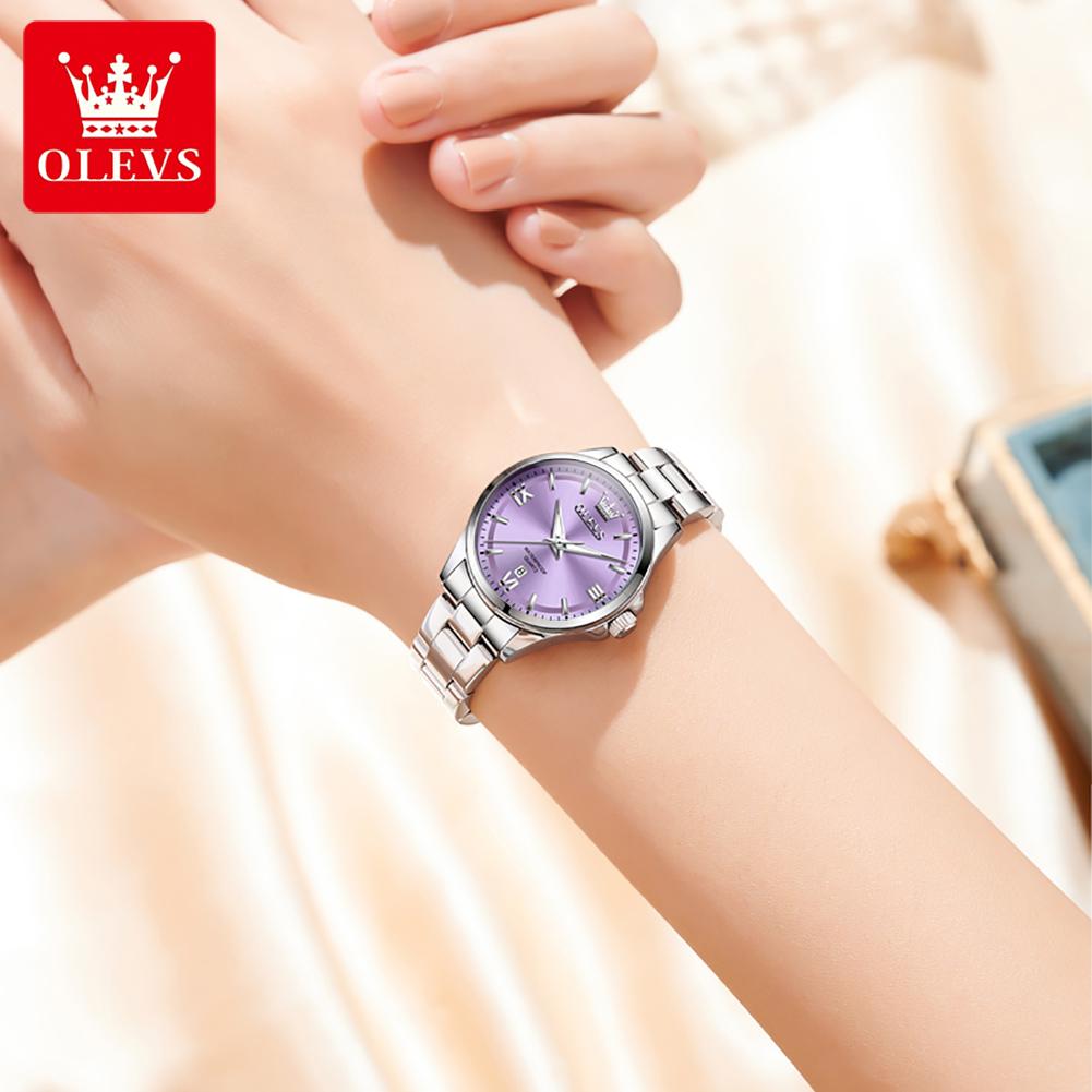 OLEVS Original Womens Quartz Watch Solid Stainless Steel Waterproof Calendar Ladies Watch Fashion Simple Elegant Wristwatch