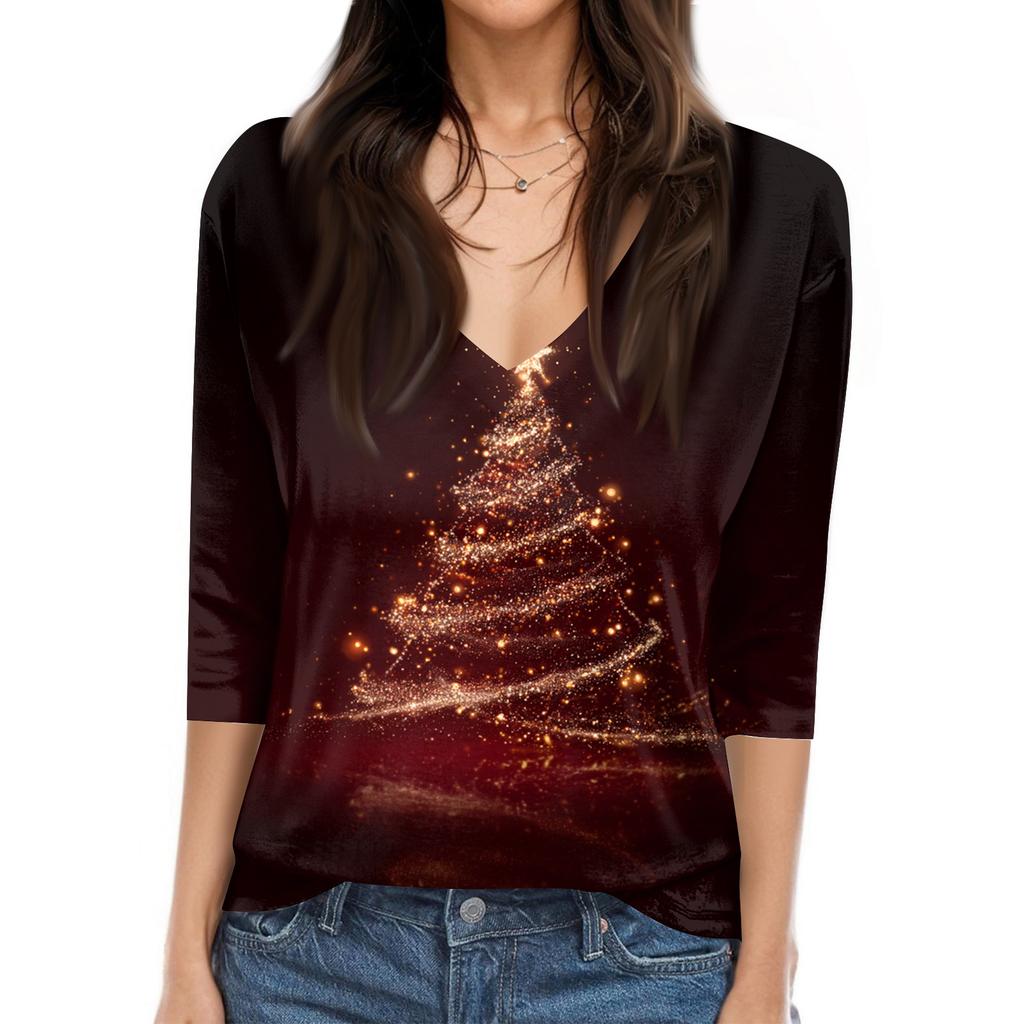 Women's Tops Three-quarter Sleeve Shirt V-neck Loose Casual Shirt Print T-shirt