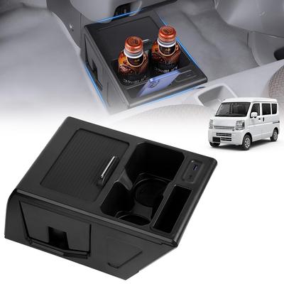 Ящик для хранения в центральной консоли фургона Mozan Suzuki Every с USB-портом для быстрой зарядки, подстаканником для напитков, мусорным контейнером и отсеками для мелких предметов. Многофункциональный, изготовленный на заказ, для интерьера.