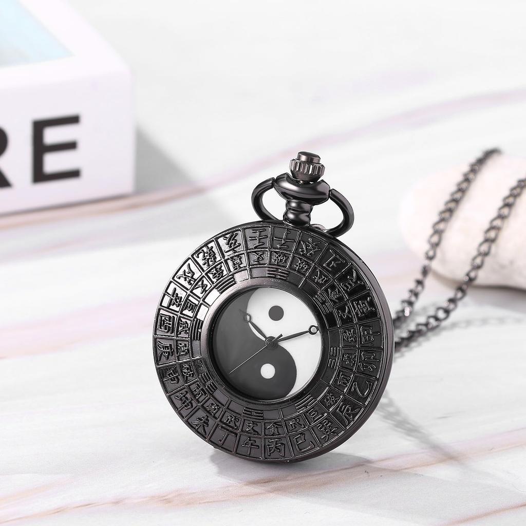 Карманные часы Тайцзи Багуа Инь Ян Антикварные часы-подвеска Аналоговый дисплей Водонепроницаемые карманные часы Китайский стиль Ожерелье свитер цепь черный день рождения