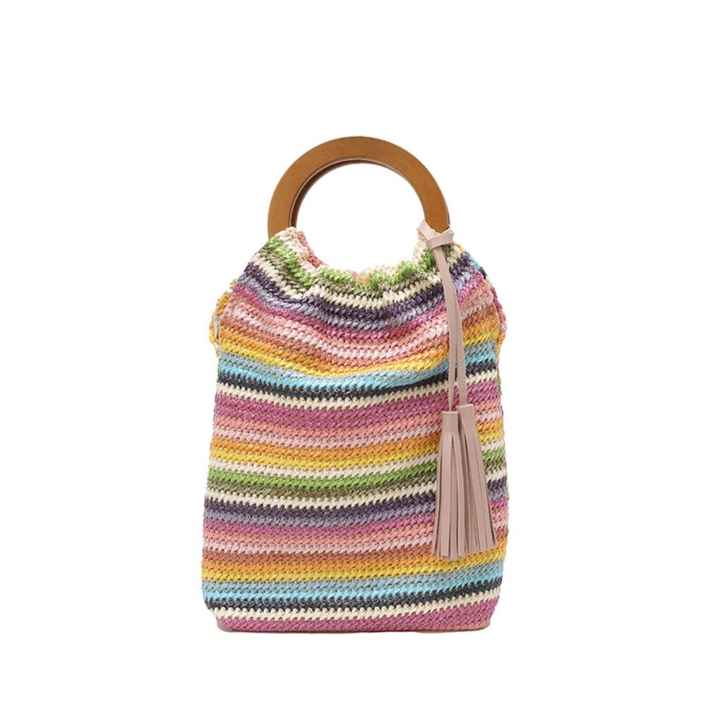 Hollow Out Rainbow Woven Handbag Bohemian Style Underarm Bag Simple Summer Bucket Bag  Holiday