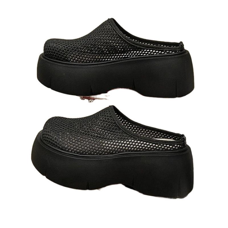 Тапочки-полушапки с толстым дном, женские, новинка 2025 года, летняя верхняя одежда, ажурная сетка, маленькие тапочки-бублики, увеличивающие рост