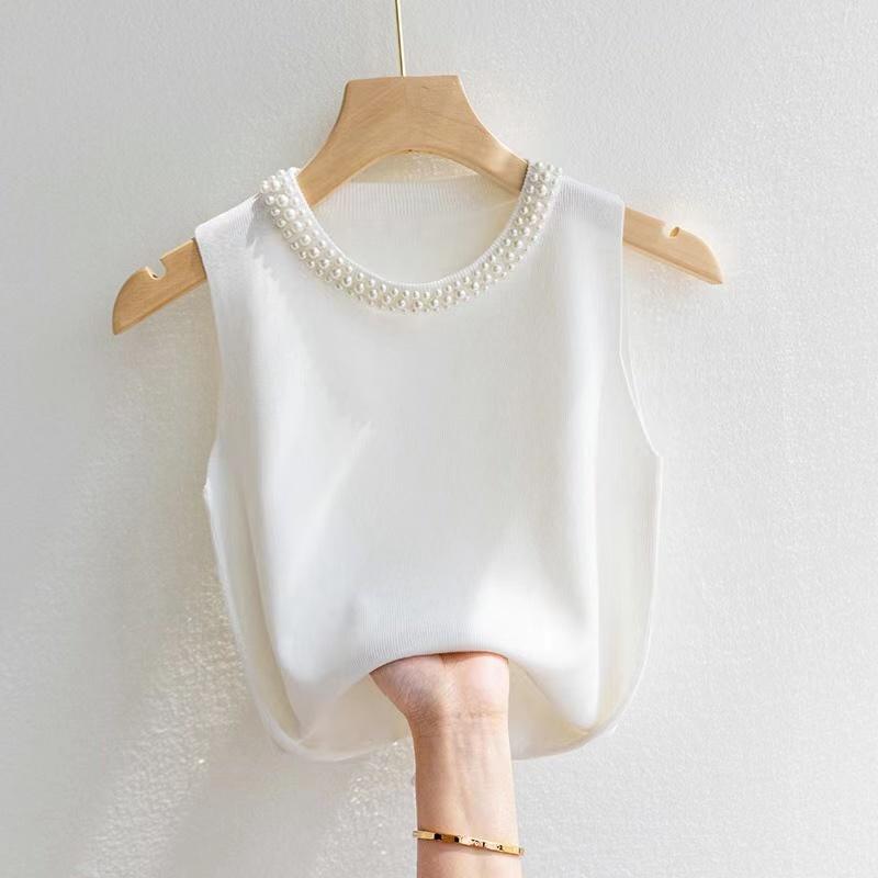 Корейские трикотажные жилеты женские топы однотонные топы Blusas летние новые модные женские топы без рукавов с бисером повседневные тонкие топы