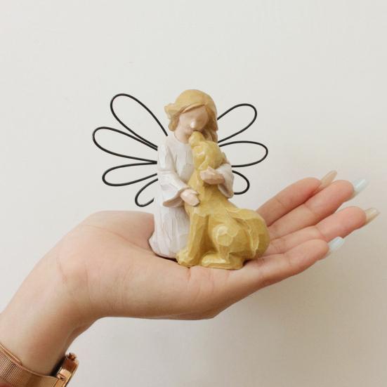 Статуэтка ангела и собаки, расписанная вручную из смолы, украшение для домашнего офиса, настольная мини-статуэтка ангела, девочки и собаки, подарок для любителей собак