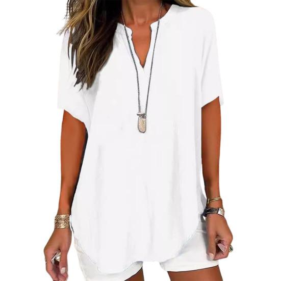 Женская рубашка с V-образным вырезом, коротким рукавом, свободный крой, повседневная рубашка, однотонная эластичная футболка, повседневная одежда