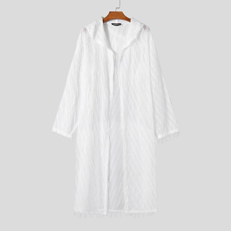 INCERUN Мужские прозрачные длинные кардиганы с кисточками и кимоно с открытым передом и капюшоном