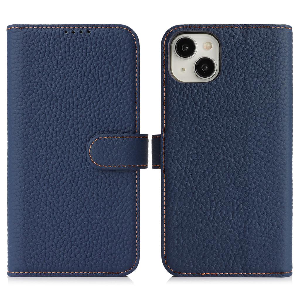 For iPhone 13 mini Stand Case Litchi Texture Genuine Cow Leather Wallet Phone Cover RFID Blocking