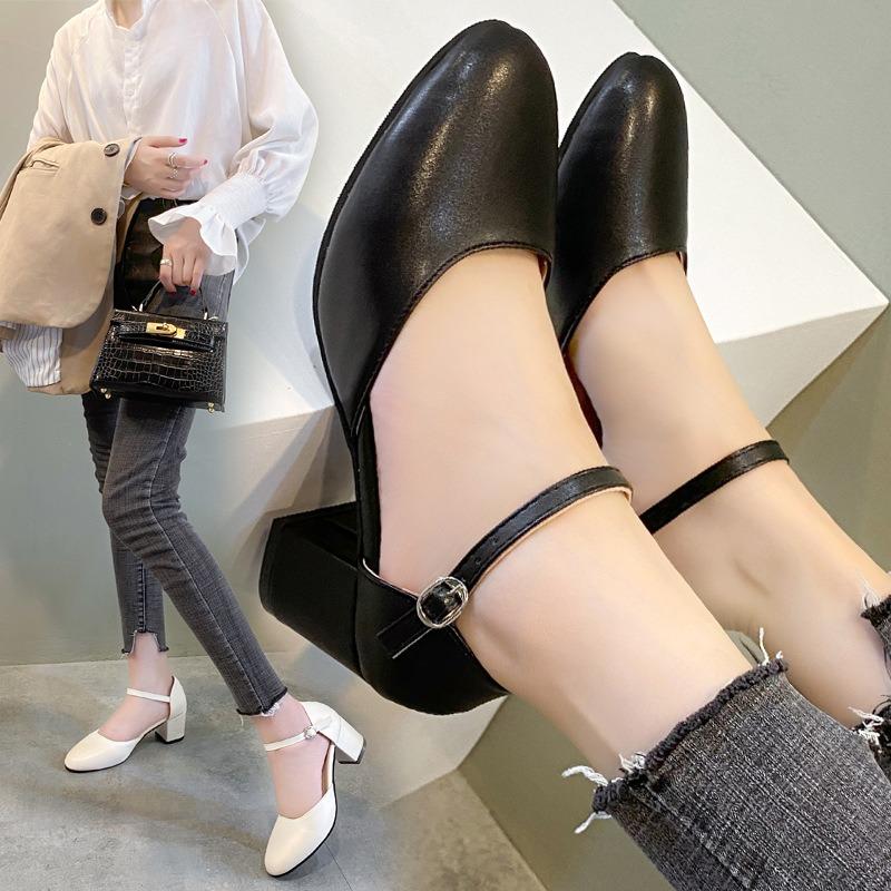 High Heels Women's Four Seasons New Round Head Simple Light Mouth Single Shoes Women's Buckle Thick Heel Medium Heel High Heels Women's Shoes