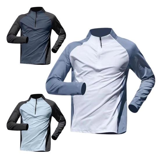 Men Summer Sports T-shirt Half Zipper Stand Collar Contrast Color Long Sleeves Loose Casual Soft Breathable Mid Length Men Daily Running Fitness Shirt