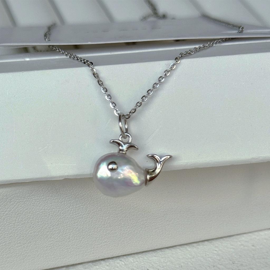 Baroque Little Whale Necklace, Special-Shaped Pearl, Marine Life Pendant, Collarbone Chain, Small Fish Stud Earrings Set, Color Retention.