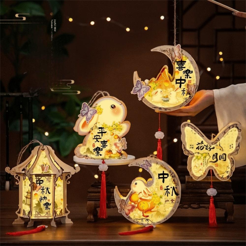 Cartoon Mid-Autumn Festival Lantern Wood Lantern DIY Material Package Kawaii Rabbit Lanterns Kids