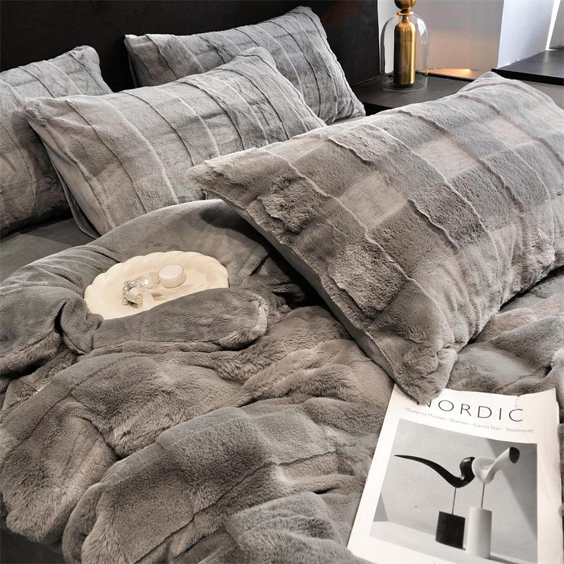 Solid Color Rabbit Fleece Four-Piece Set, Thickened Milk Fleece Bed Sheet Quilt Cover, Three-Piece Bed Set, Fleece Quilt Cover