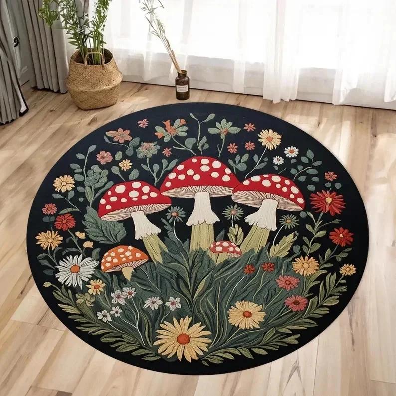 Enchanting Mushroom Round Floor Mat Big Mushrooms Lush Foliage on Dark Blue Soft Non-Slip Magical Room Home Decoration Carpet
