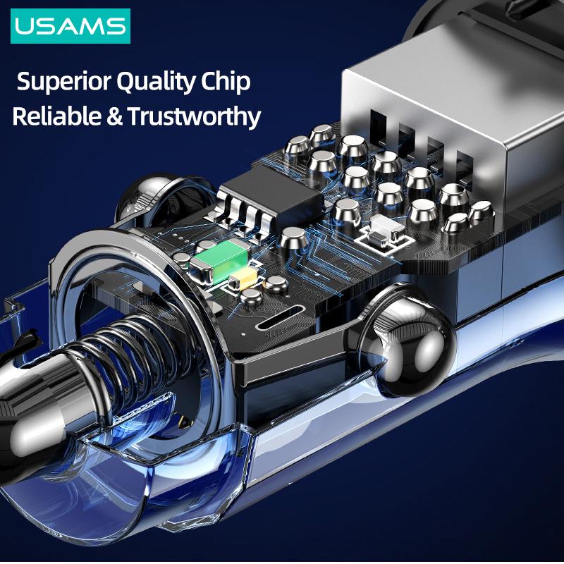 USAMS Автомобильное зарядное устройство с двумя USB-портами, 5 В, 3 А, 15 Вт, мини-автомобильное быстрое зарядное устройство с синим рассеянным светом для iPhone 13, 12, iPad, Huawei, Samsung, Xiaomi