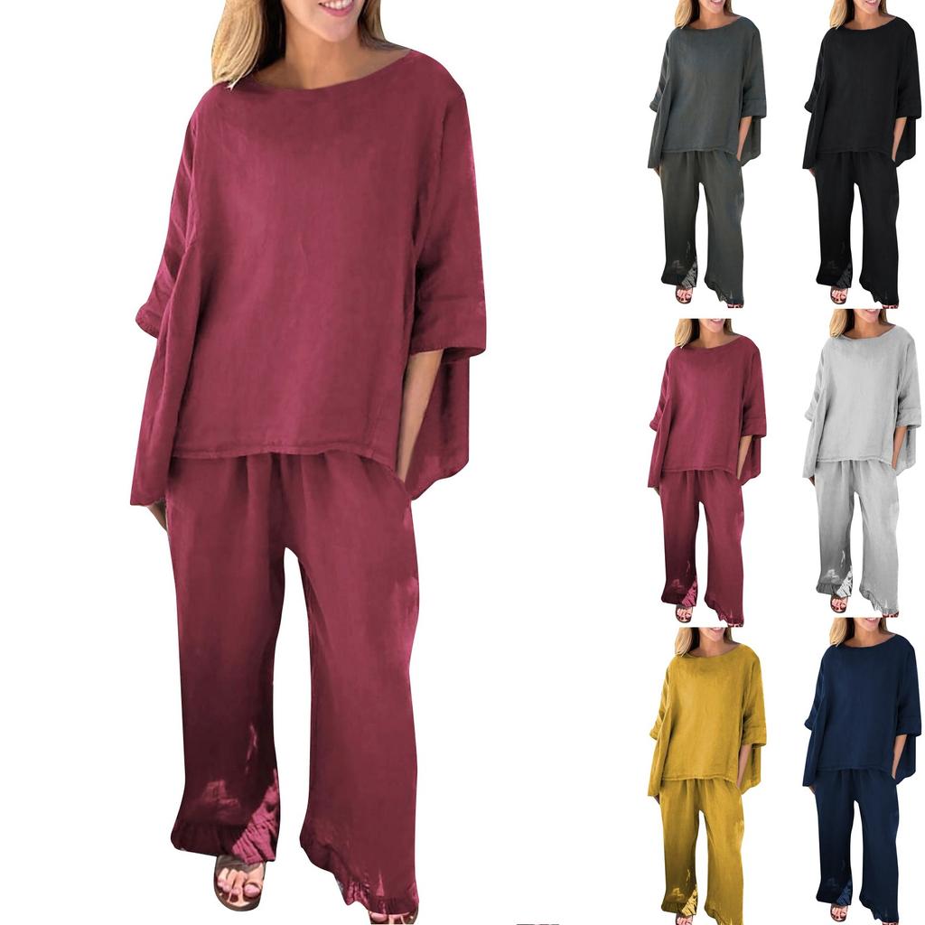 Новые осенние женские однотонные свободные повседневные брюки из хлопка и льна, костюм из двух предметов
