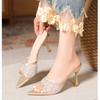 Fashionable Versatile High Heel Slippers Pointed Toe Rhinestone Decorated One-piece Strap Sandals Casual Elegant Ladies Shoes