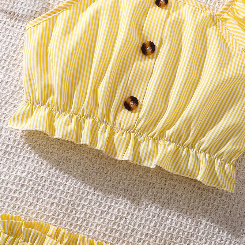 Летний полосатый комплект из майки и шорт в японском стиле для девочек (Большой ребенок) – Коллекция 2025