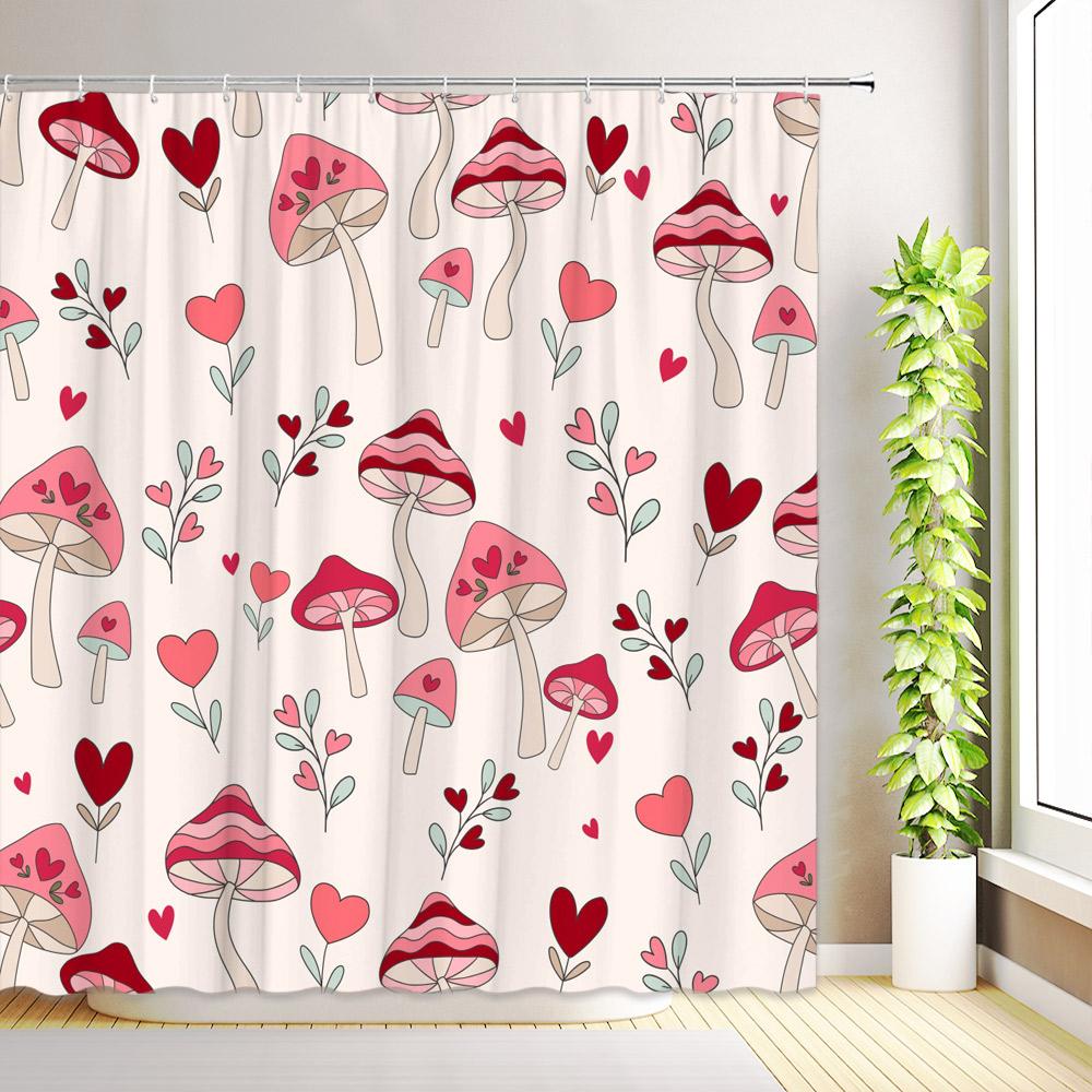 Valentine's Day Shower Curtain Romantic Pink Red Love Heart Rose Flower Mushroom Bathroom Decor Fabric Bath Curtain with Hooks
