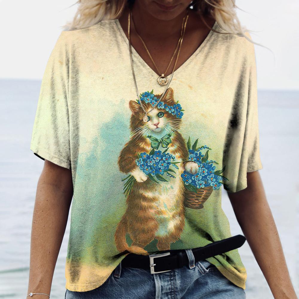 Женская футболка с 3D принтом «Манга Кот» в стиле Харадзюку, летний топ с короткими рукавами и v-образным вырезом, повседневная женская одежда, футболки большого размера
