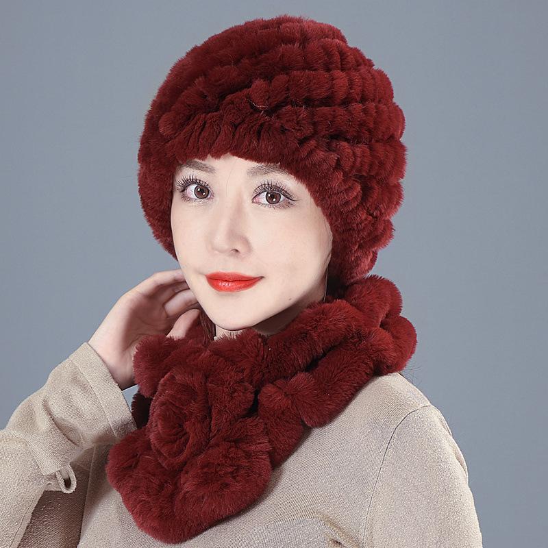 Middle-aged Rex Rabbit Hair Hat Female Autumn and Winter Warm Elderly Grandmother Ear Protection Fur Mother Wool Scarf