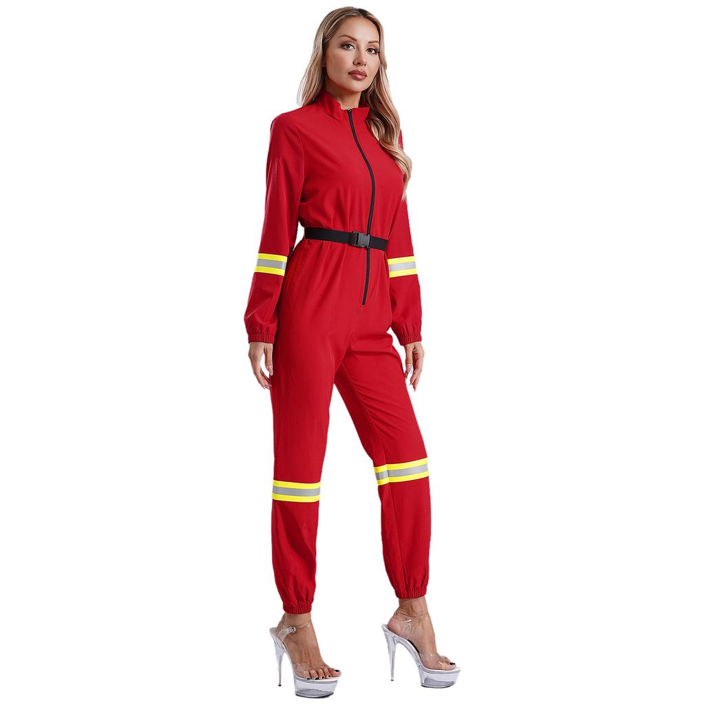 Complete Firefighter Outfit for Women S-3XL: Long Sleeve Belted Romper with Stand Collar, Halloween & Club Party Costume