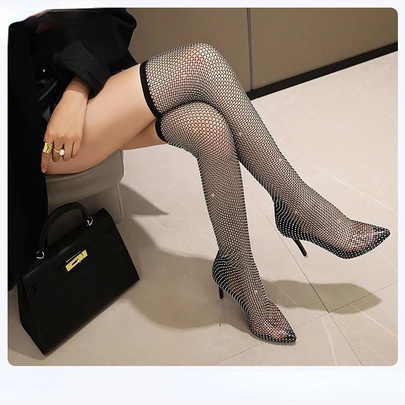 Женские сапоги 2024 года, летние новые сандалии, большие размеры, дышащие сапоги выше колена, модные, сексуальные, с острым носком, на высоком каблуке, 34-42