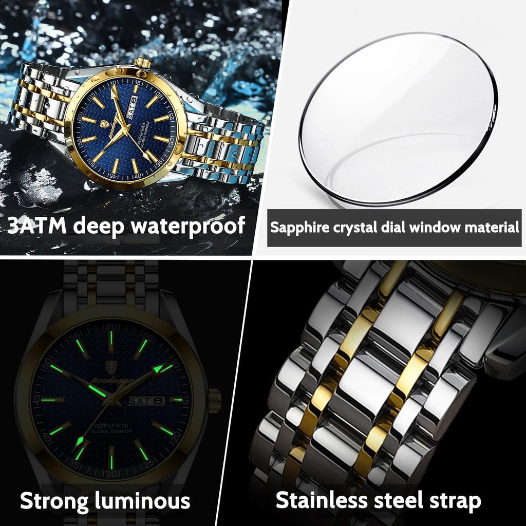 Men's Waterproof Luminous Dual Calendar Watch, Fashionable Quartz Watch Weekly Calendar Display Festival Gift Men's Exquisite Gift Watch