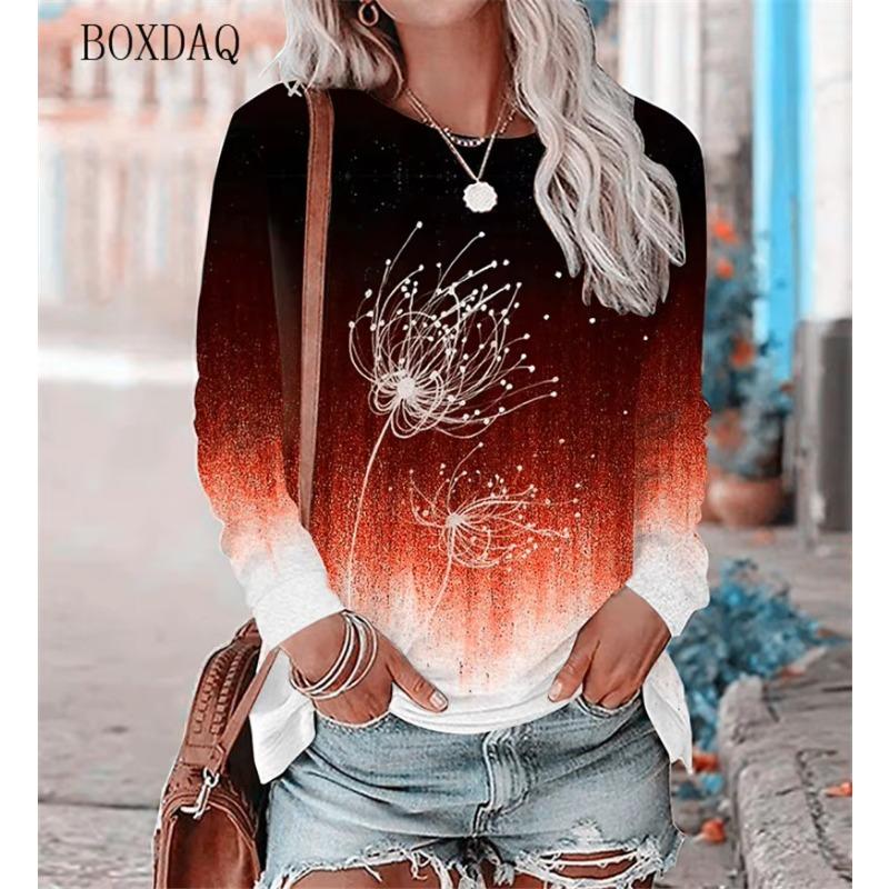 Футболки женские с рисунком одуванчика весна осень с длинным рукавом 3D Plant&Flowers Print Street Gradient женские футболки 6XL Plus Size