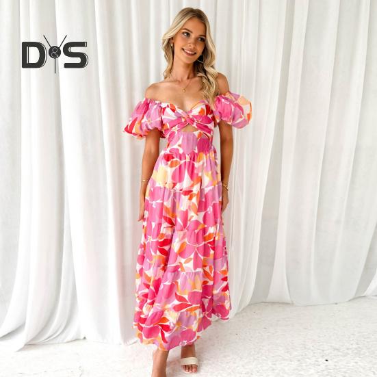 Женское вечернее платье с рукавами-пузырьками и глубоким вырезом с открытыми плечами, красочный принт, трапециевидной формы с большим подолом, лоскутное платье, плиссированное пляжное платье макси для отпуска