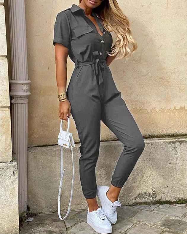 Spot 2026 spring and summer popular European and American women's clothing casual lapel printed belt tooling jumpsuit