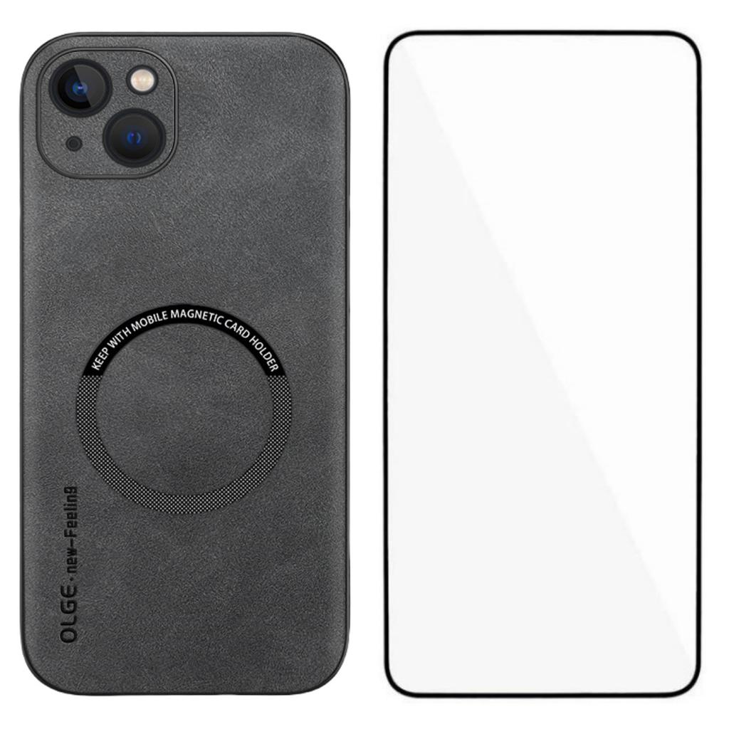 For iPhone 14 Magnetic Case with Tempered Glass Film PU Leather+TPU Phone Cover Precise Cutouts