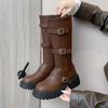 Fashion Comemore Brown Retro Thick-Soled Long Boots for Women Versatile Chunky Heel Retro Autumn Belt Buckle Platform Knee High Boots