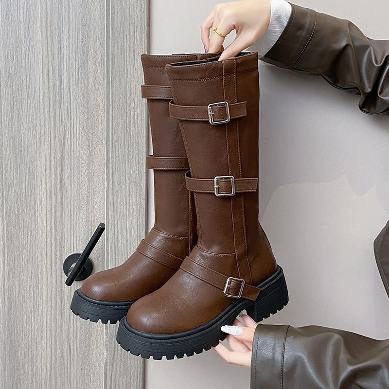 Fashion Comemore Brown Retro Thick-Soled Long Boots for Women Versatile Chunky Heel Retro Autumn Belt Buckle Platform Knee High Boots