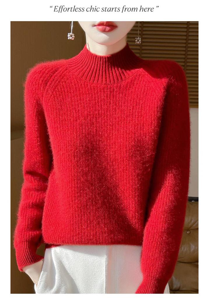 Women's Autumn/Winter 2024 Pure Wool Ribbed Knit Half-High Neck Loose Pullover Base Layer Top
