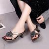 Модные летние туфли на высоком каблуке, женские шлепанцы с розовым цветком, с открытым носком, с квадратным носком, сандалии для юбки, модные, элегантные, сексуальные, римские сандалии
