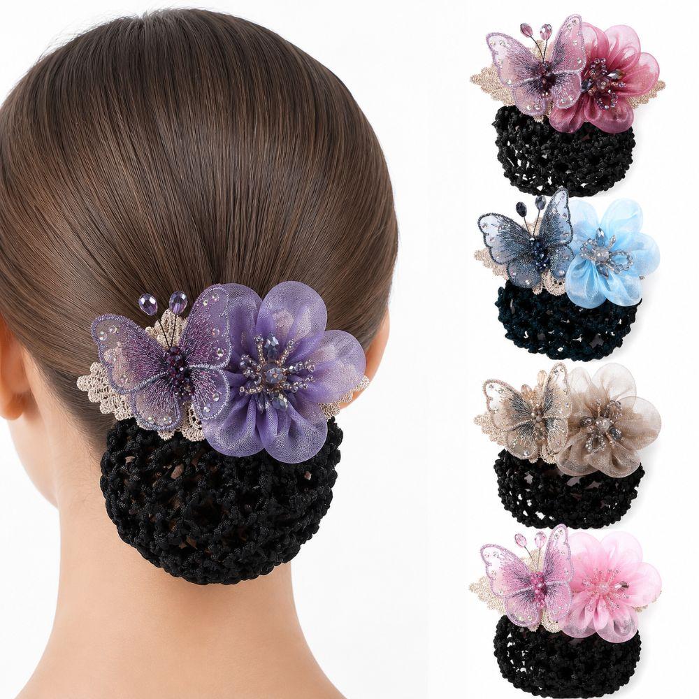 Butterfly Flower Elastic Hair Net Rhinestone Beads Decor Hair Bun Holder Hotel Staff Uniform