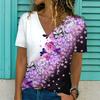 Летний топ с V-образным вырезом, 3D-цветком, цветным блоком и принтом, модные повседневные женские футболки с коротким рукавом