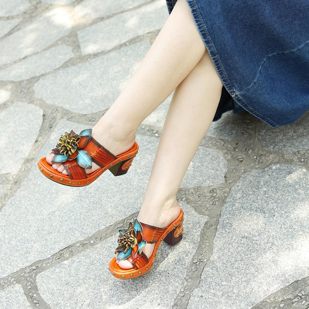 Johnature Женская обувь из натуральной кожи с ручной росписью, уличные тапочки, шлепанцы на высоком каблуке в стиле ретро, ​​босоножки на платформе