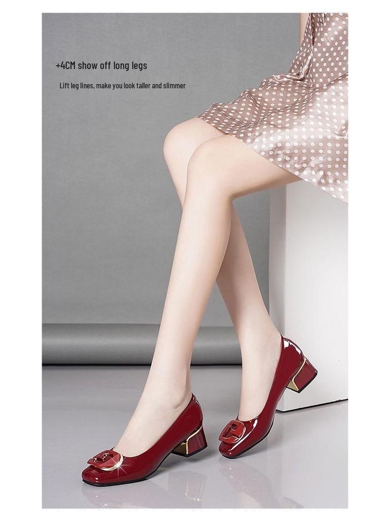Round Toe Genuine Leather Women's Flats - Chunky Heel, Shiny Patent, Wide Fit, Soft Leather, Spring/Summer Collection
