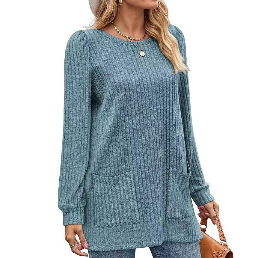 Elastic Winter Pocket Autumn Ribknit Top Solid Loose Casual Bubble Sleeve Tshirt For Women