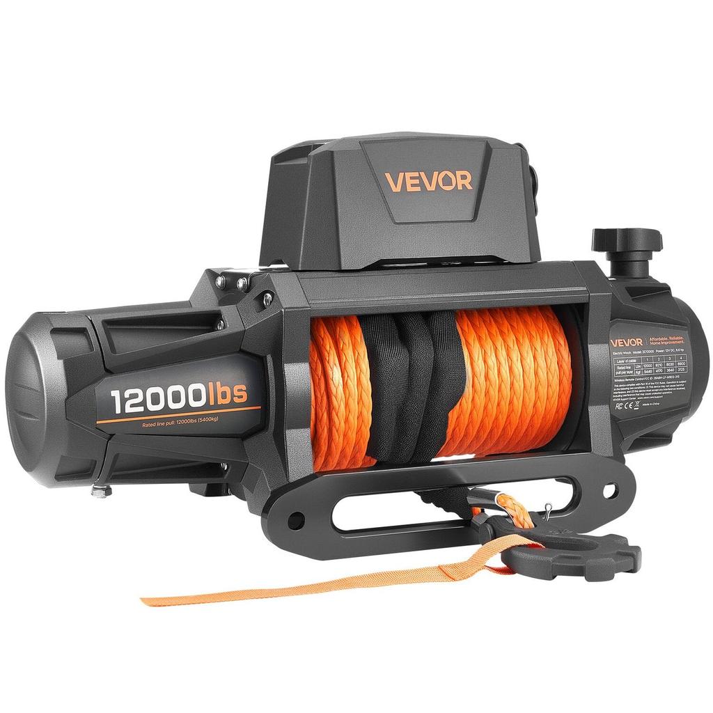 Electric Winch, 5400 kg Load Capacity, 12V DC Truck Winch with 9.5 mm x 28 m Synthetic Rope, Wireless & Wired Remote Control, IP67 Waterproof for
