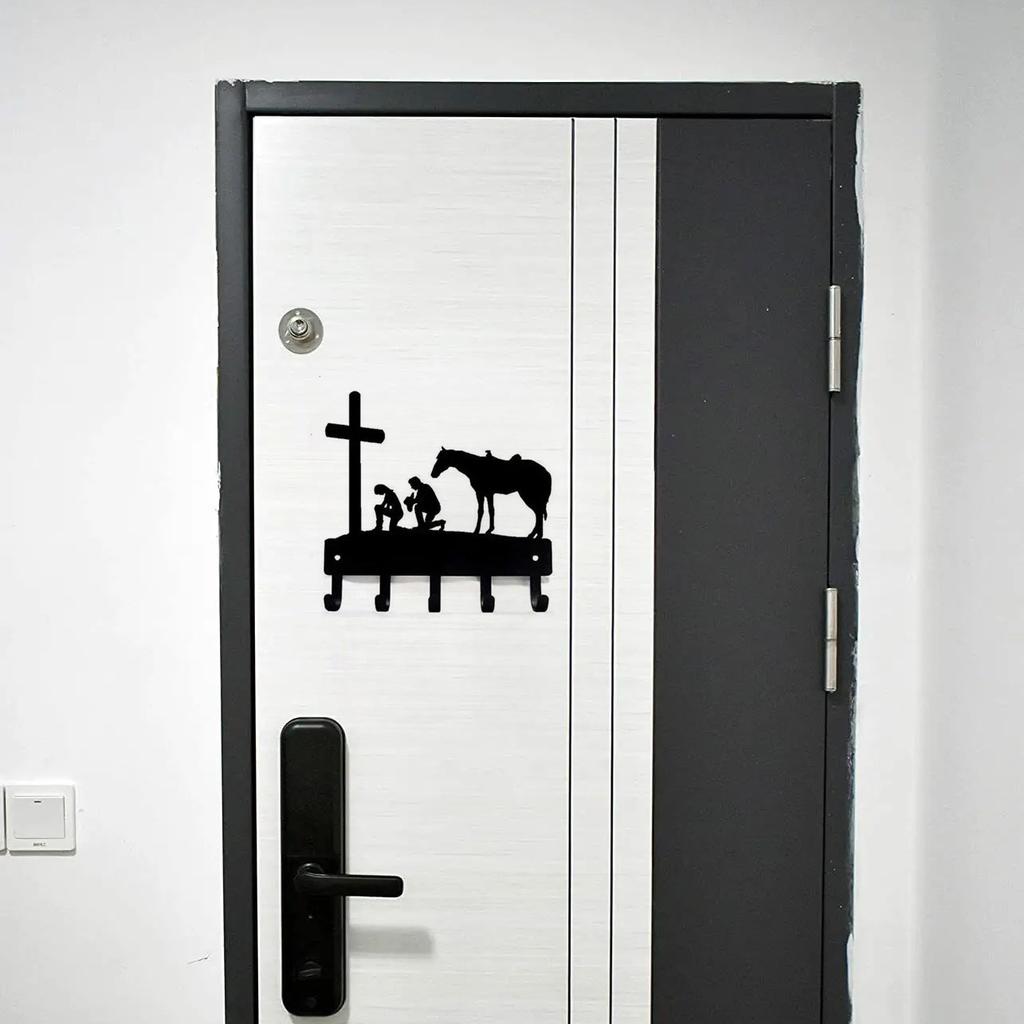 Cowboy Cowgirl At The Cross Wall Mounted Hook Up Pendant Wall Art Home Decor - Western Theme Metal Artwork for Stylish