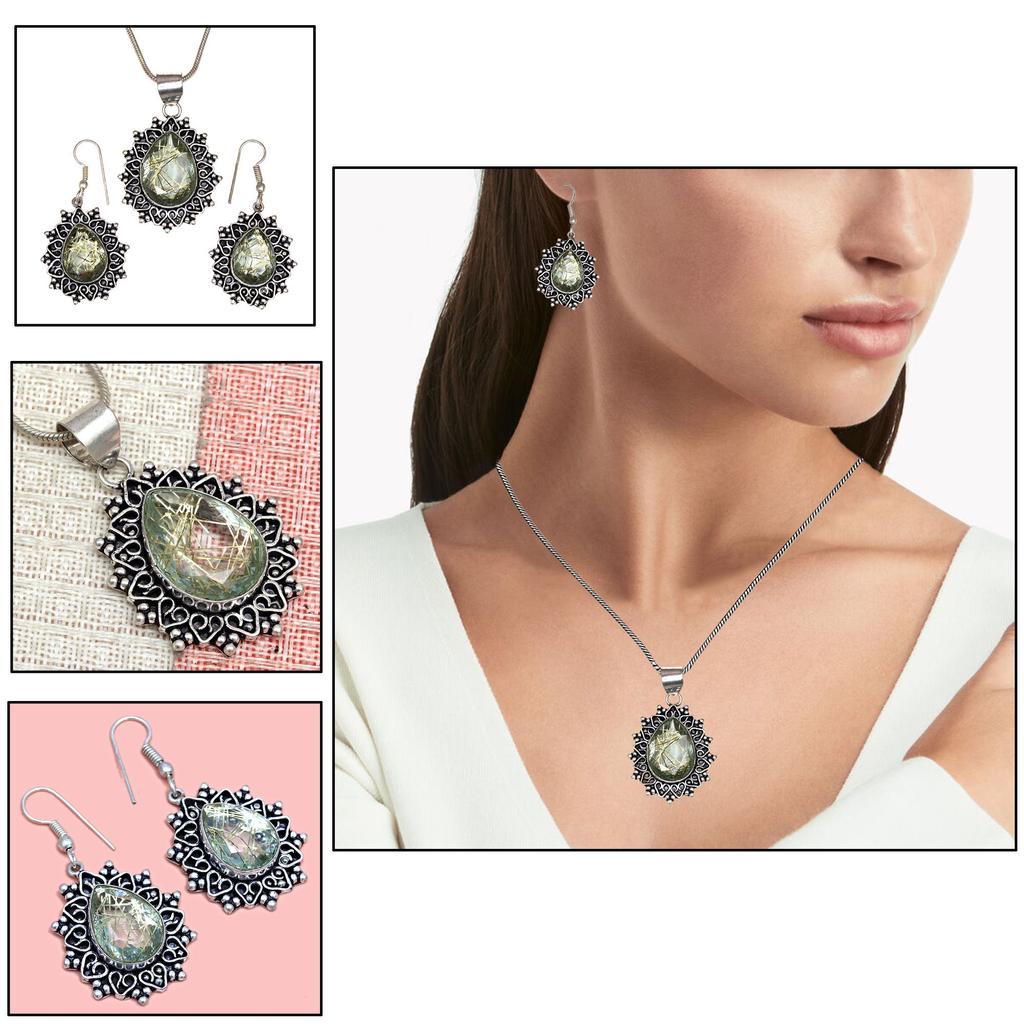 Рутиловый золотой комплект сережек 18-20'' подвеска кварц стерлингового серебра