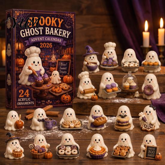 Retro Gift Box Packaging Halloween Advent Calendar, 24-Day Acrylic Ghost Figure Countdown Set Calendar with Diverse Themes, Cute Desk Decor,