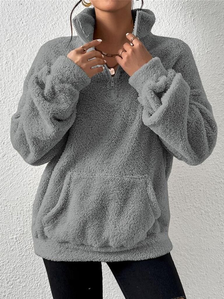 Женская толстовка с воротником-стойкой, модный однотонный пуловер из шерпа, повседневная верхняя одежда